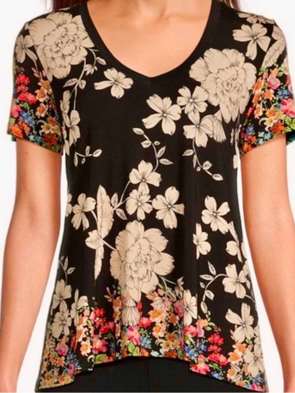 Johnny Was Redland Favorite Top Black Base Cream Floral Print Multi Color Border